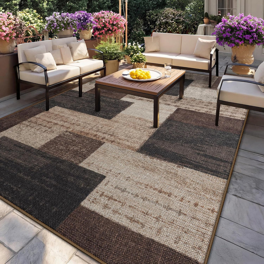 Modern Outdoor Patio Rug, Geometric Patchwork Rug for Living Room, Brown