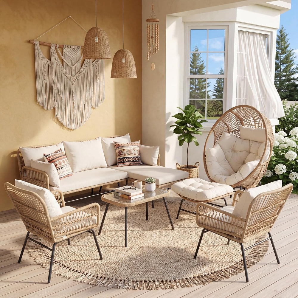 NICESOUL 6 Pcs Boho Outdoor Patio Furniture Set with Egg Chair, L-Shaped Sect...