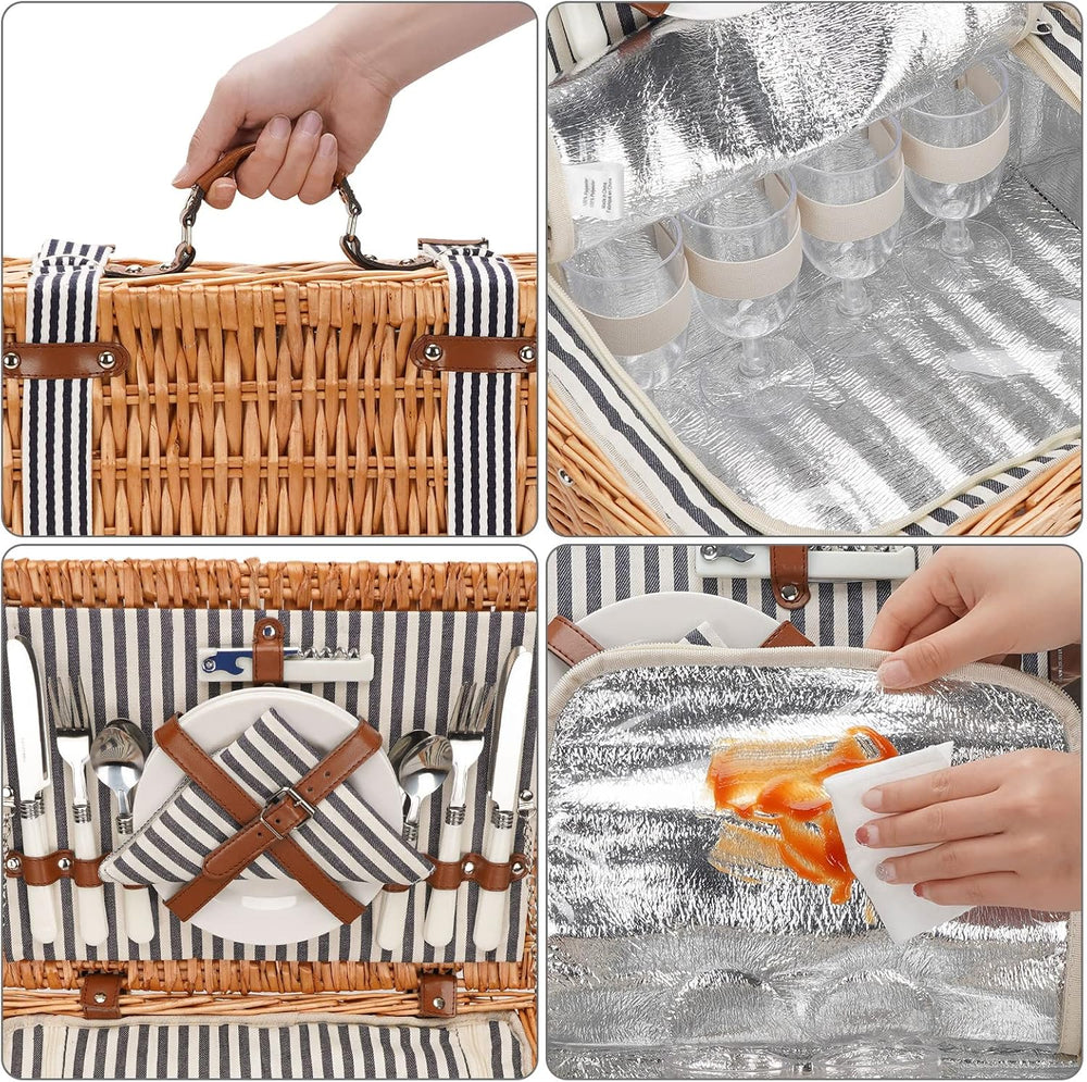 WICKERLAND Picnic Basket Set for 4 Persons w/Blanket & Insulated Cooler