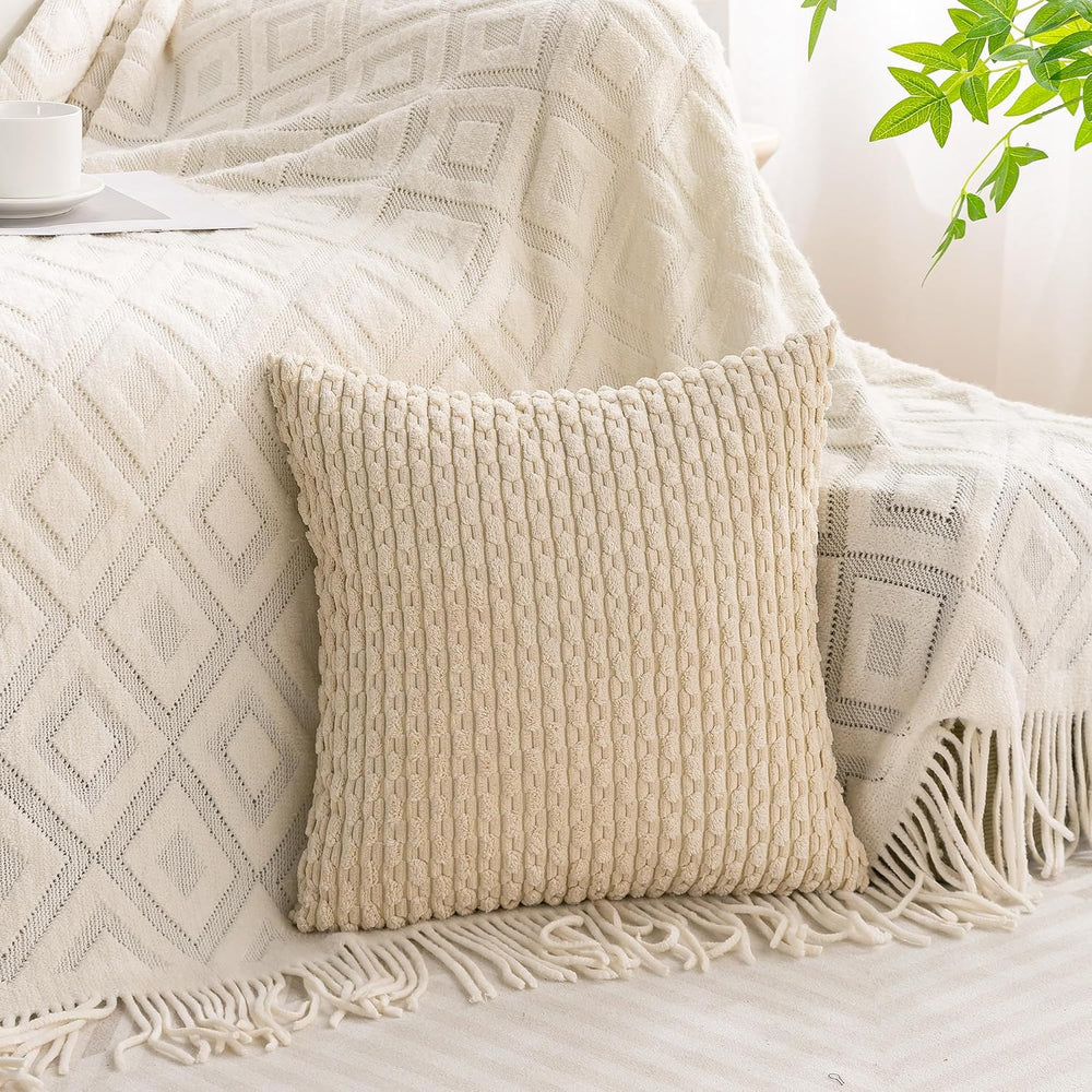 Set of 4 Beige Brown Coffee Decorative Throw Pillow Covers 22x22 Inch Corduro...
