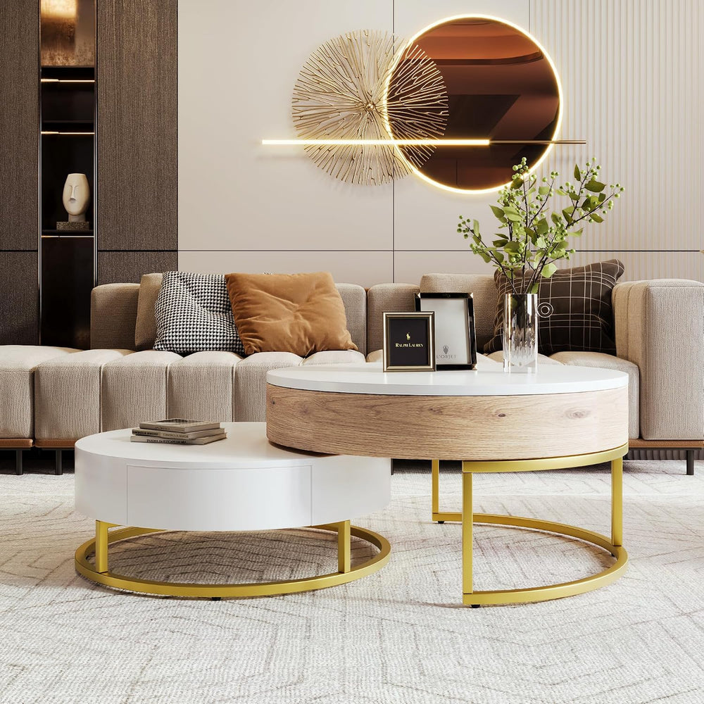 Modern Round Lift-top Nesting Coffee Tables with 2 Drawers for Living Room Wh...