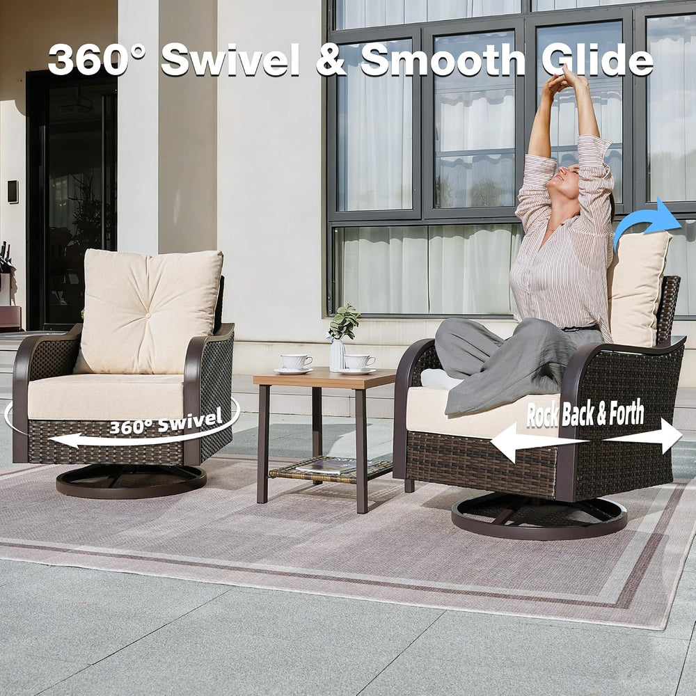 Wicker Swivel Rocking Chairs Set with 6 Inch Cushions, Beige