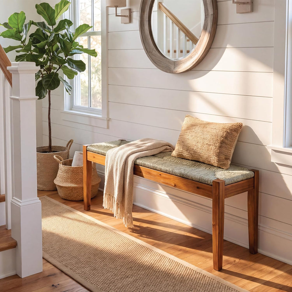 46-Inch Acacia Wood Bench with Natural Seagrass Woven Seat, Indoor Bench