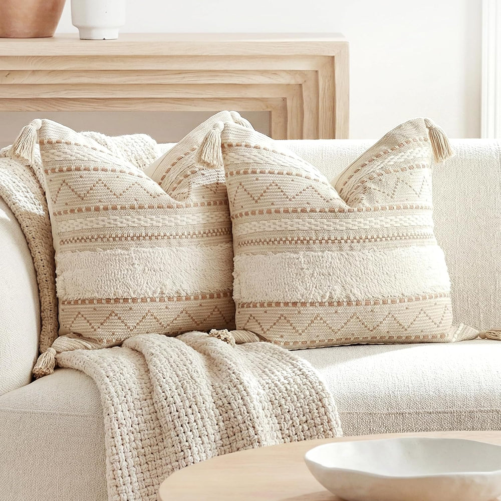 BlissBlush Decorative Throw Pillow Covers 20x20 Combo Set of 2 Square Cream N...
