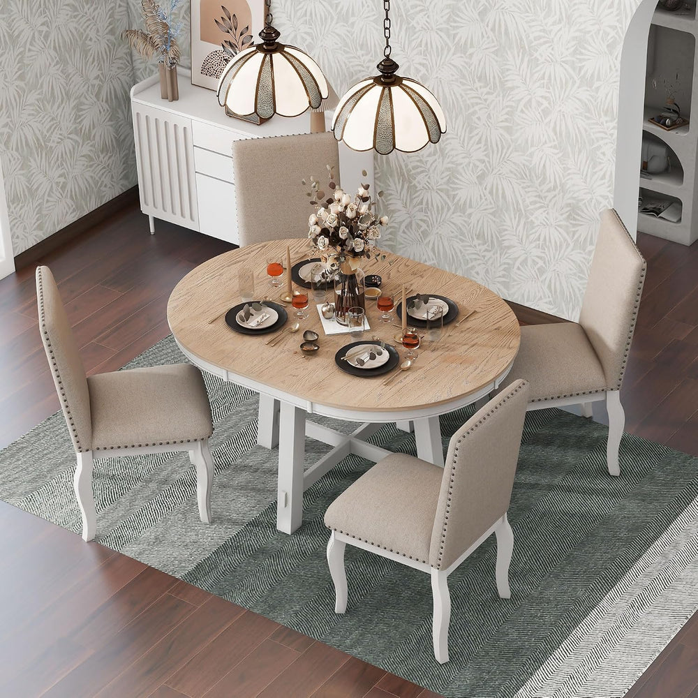 Merax Farmhouse Dining Table Set - 5-Piece Wood Round Extendable Table and 4 ...