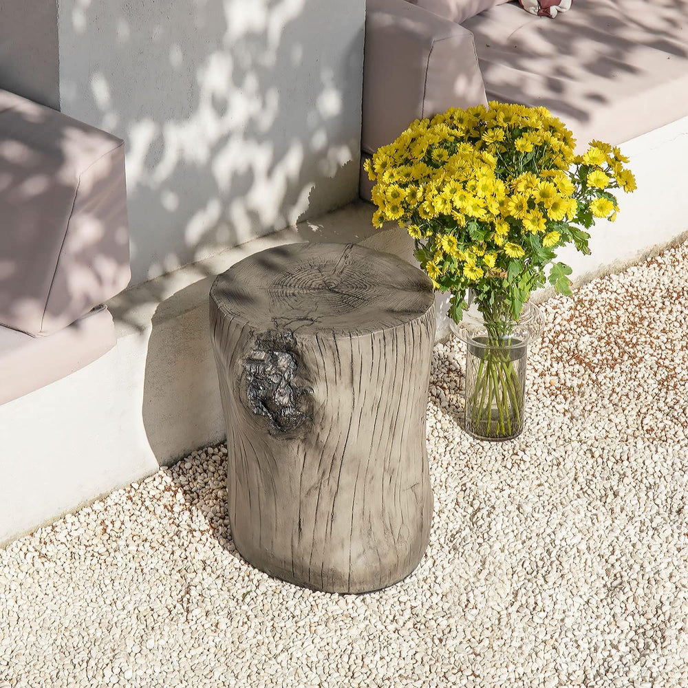 COSIEST Outdoor Antique Gray End Table Faux Wood, Hand-Painted Wood Stump Sto...