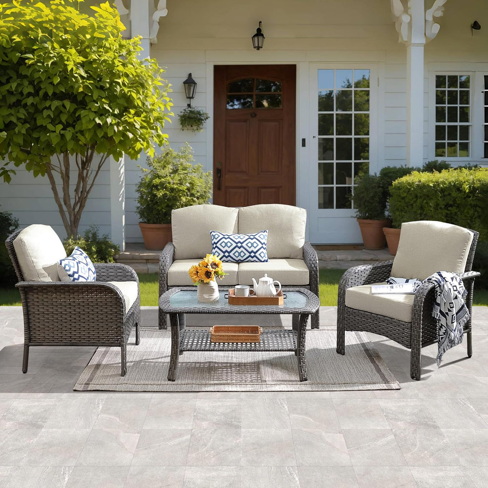 ovios 4-Piece Patio Furniture Set, Outdoor Wicker Sofa with Chairs Coffee Tab...