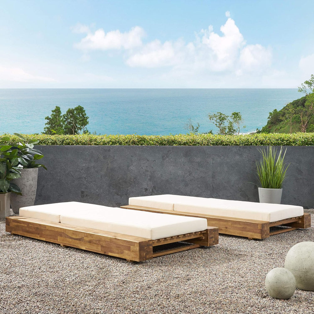 GDFStudio Outdoor Acacia Wood Chaise Lounge and Cushion Sets (Set of 2), and ...