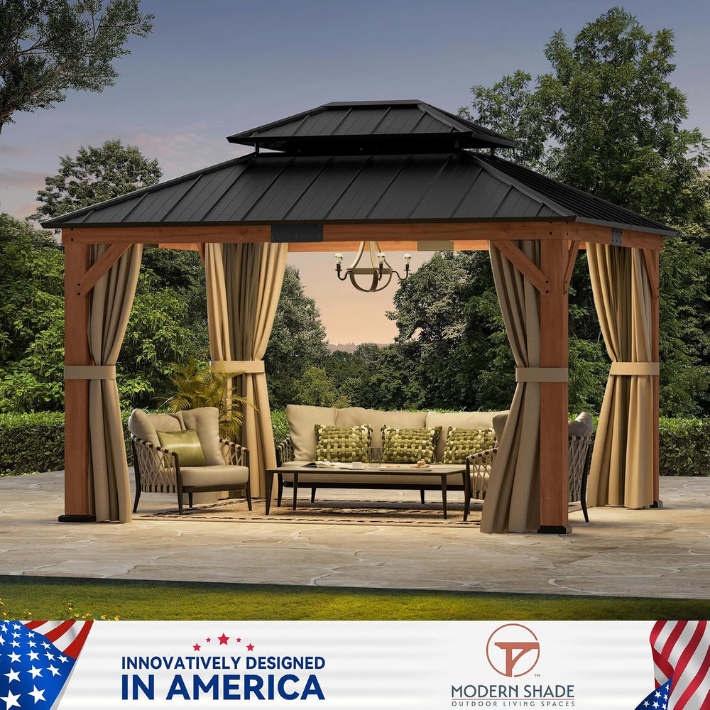 Modern Shade Permanent Wood Gazebo 10x12 with Double Galvanized Steel Roof