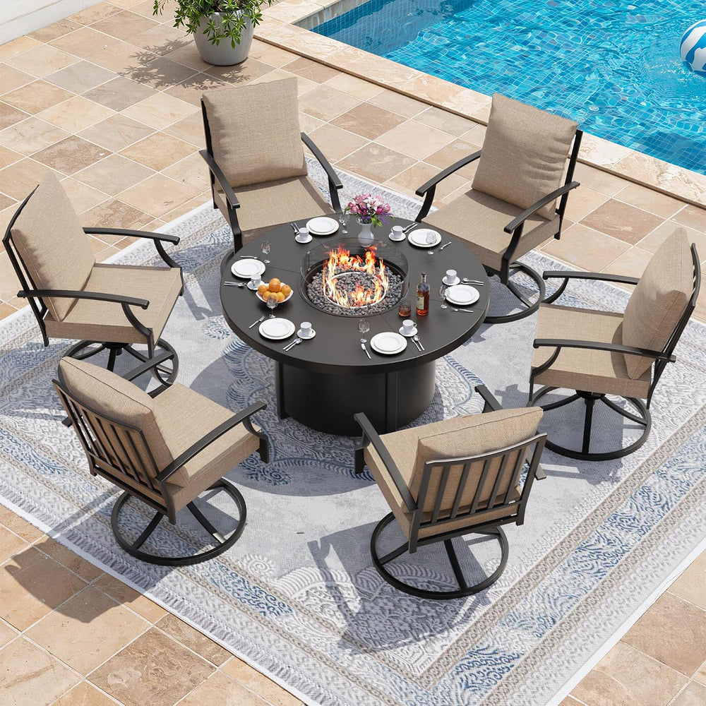 Kurapika 7 Piece Metal Outdoor Patio Furniture Set with Round Fire Pit Table,...