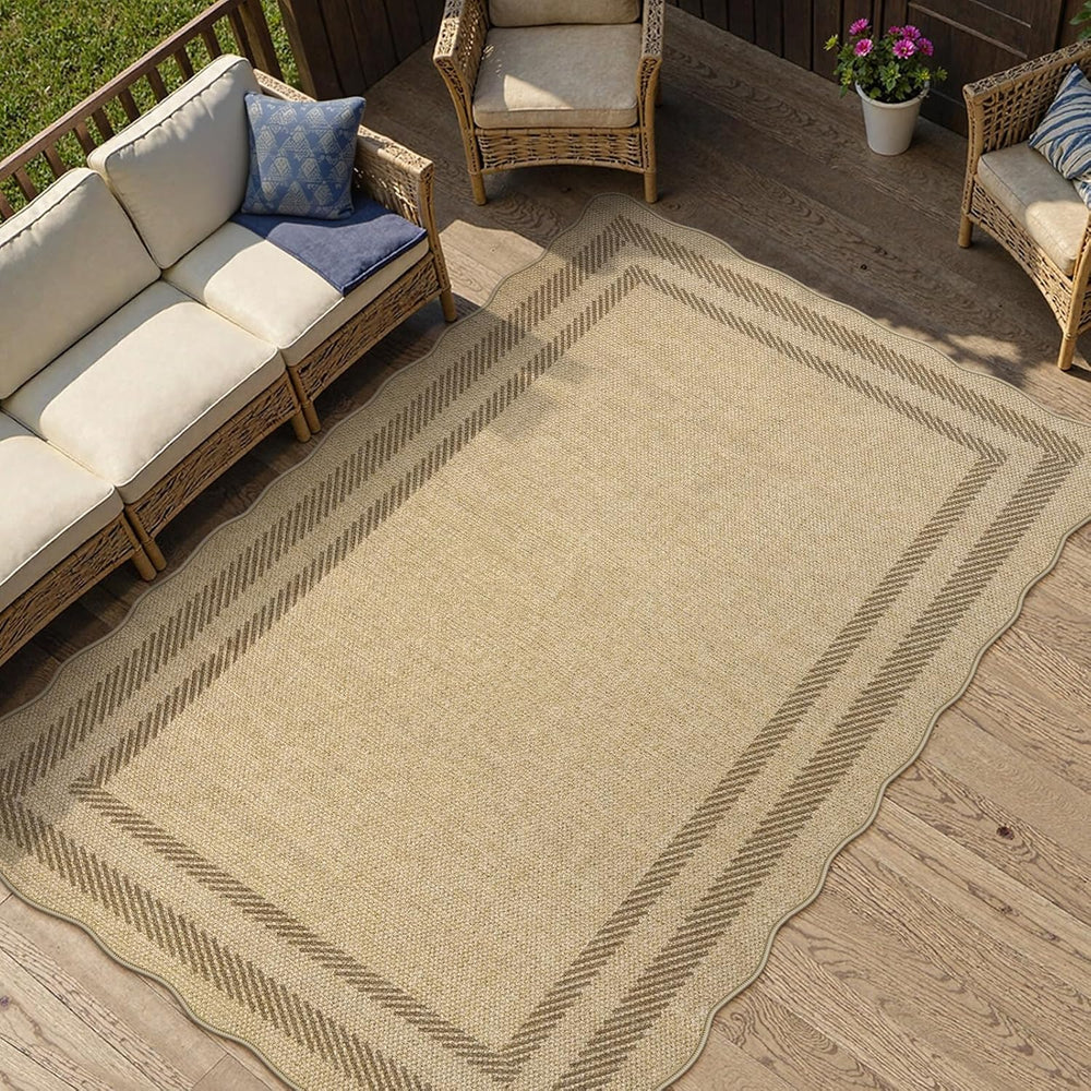 LIVEBOX Scalloped Easy Jute 3x5 Outdoor Rug, Washable Non-Slip Geometric Tan ...