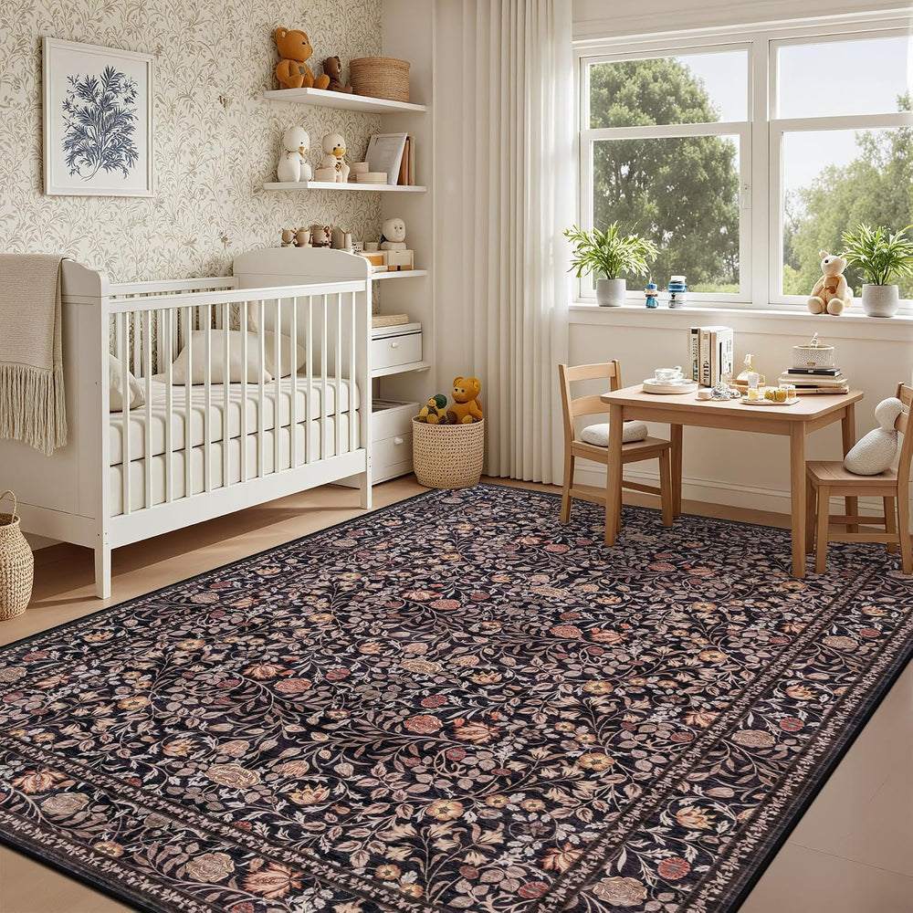 5x7 Area Rug Living Room: Soft Floral Washable Boho Carpet Brown