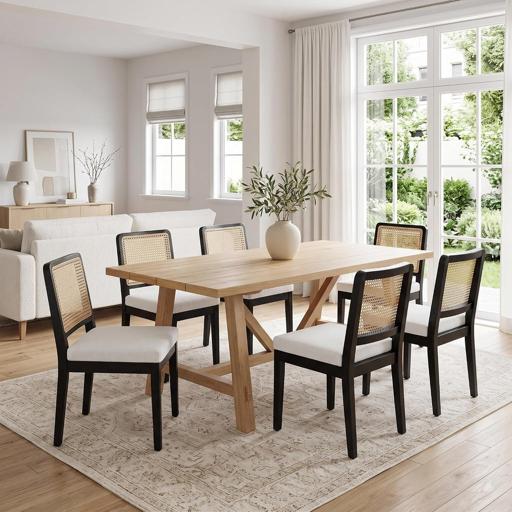 HNY Modern Farmhouse Rattan Dining Chairs Set of 6, Beige Linen Upholstered D...