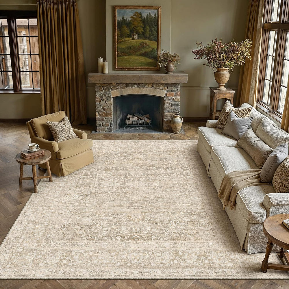 PureCozy Washable Area Rug 8x10 Beige Distressed Netural Vintage Carpet