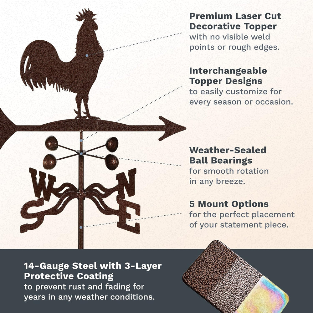 EZ Vane Steel Rooster Weathervane with Wind Cups — Roof Mount
