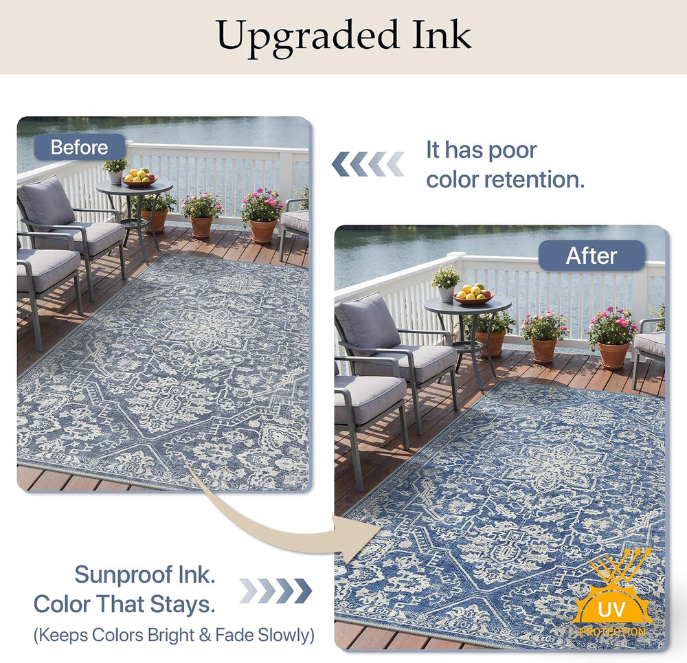 GENIMO 4x6 Outdoor Rug, Washable for Porch and Patio, Navy Blue & Ivory