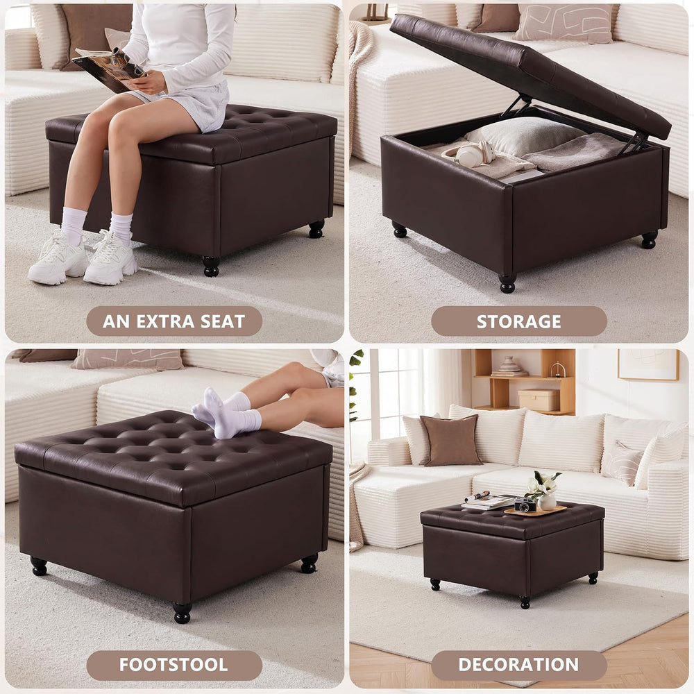 28" Large Square Ottoman with Storage, Leather Ottoman Coffee Table, Brown