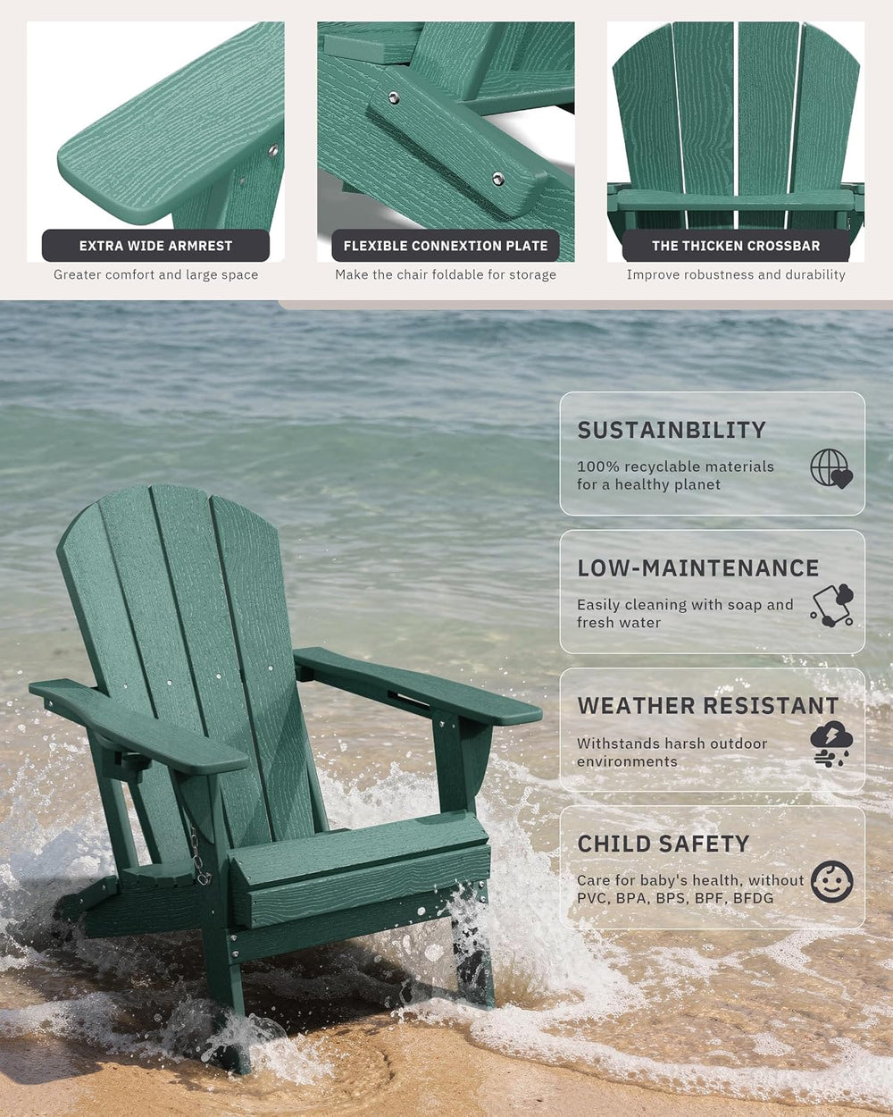 AreShark HDPE Folding Adirondack Chair with Cup Holder, Aruba