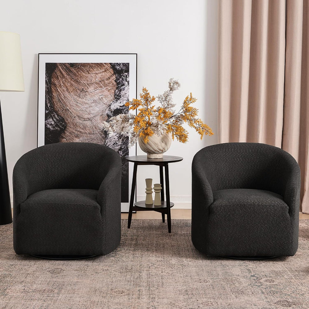 KINWELL 32" Wide No Assembly Boucle Swivel Barrel Chairs Set of 2, Black