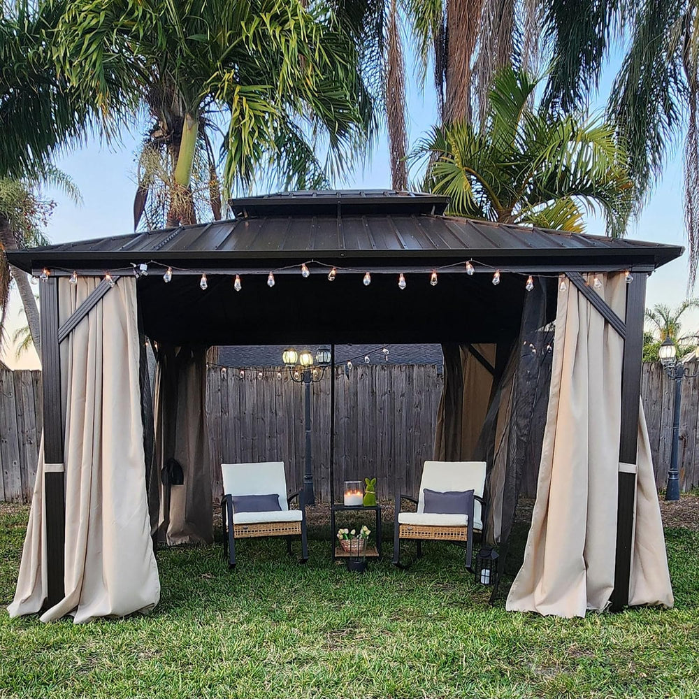 PURPLE LEAF Outdoor Hardtop Gazebo 10' x 12' with LED 110 GSM Netting