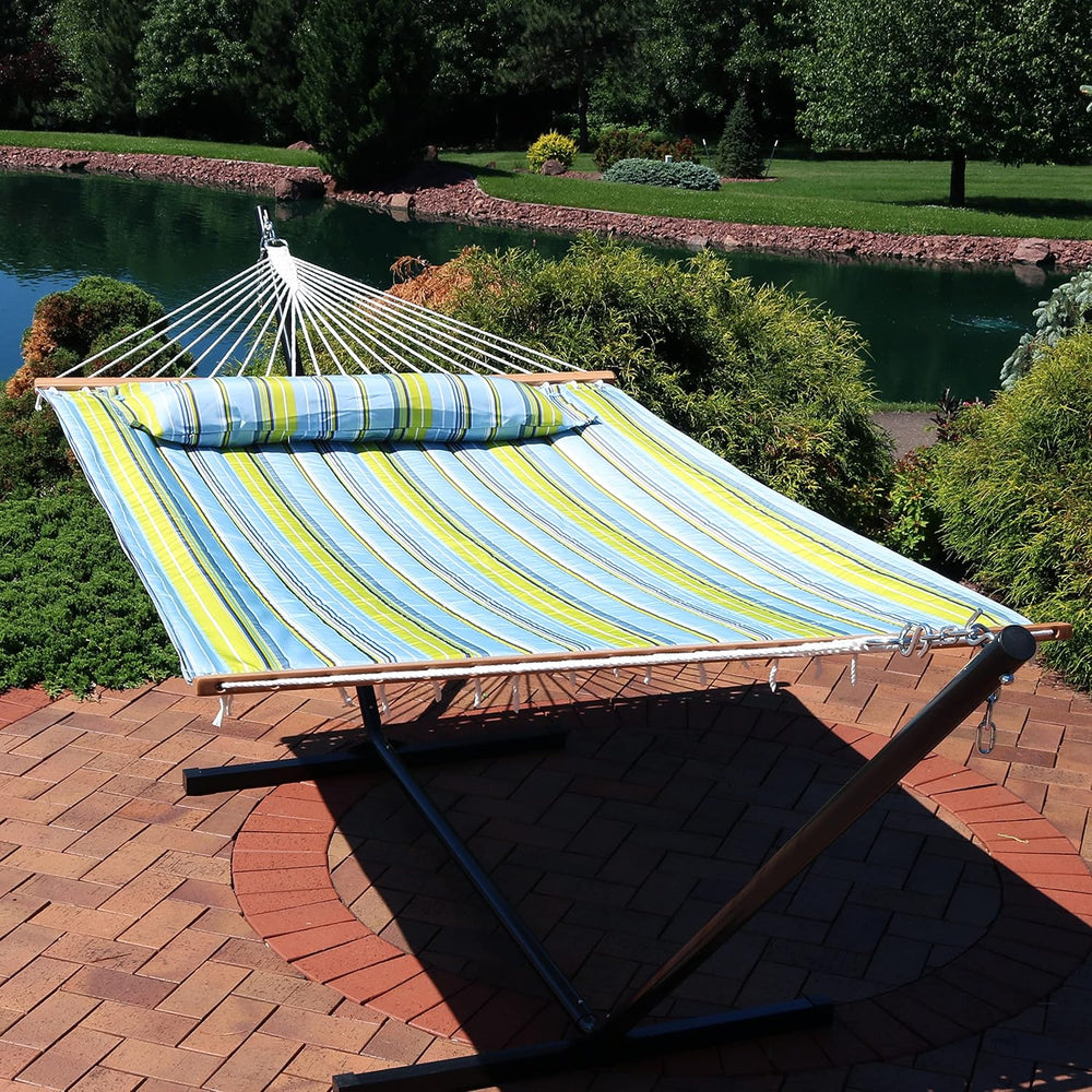 Sunnydaze Quilted Double Hammock for Outside with Pillow, Blue and Green