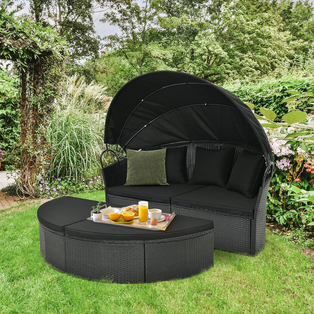 Tangkula Outdoor Patio Round Daybed with Retractable Canopy, Black Rattan Wic...