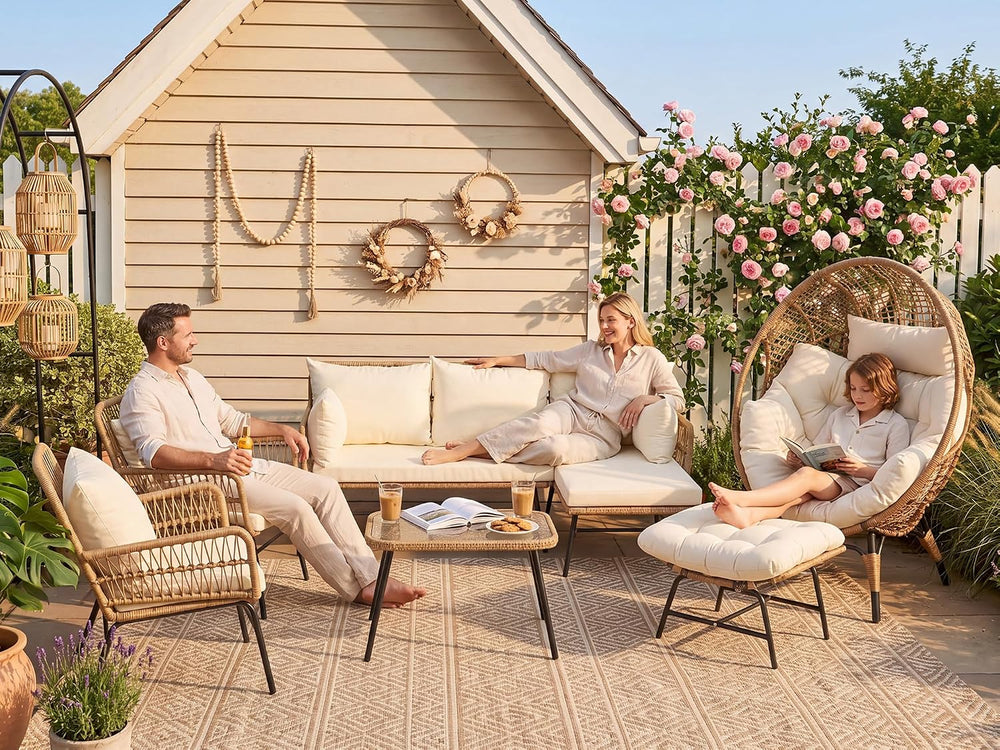 NICESOUL 6 Pcs Boho Outdoor Patio Furniture Set with Egg Chair, L-Shaped Sect...