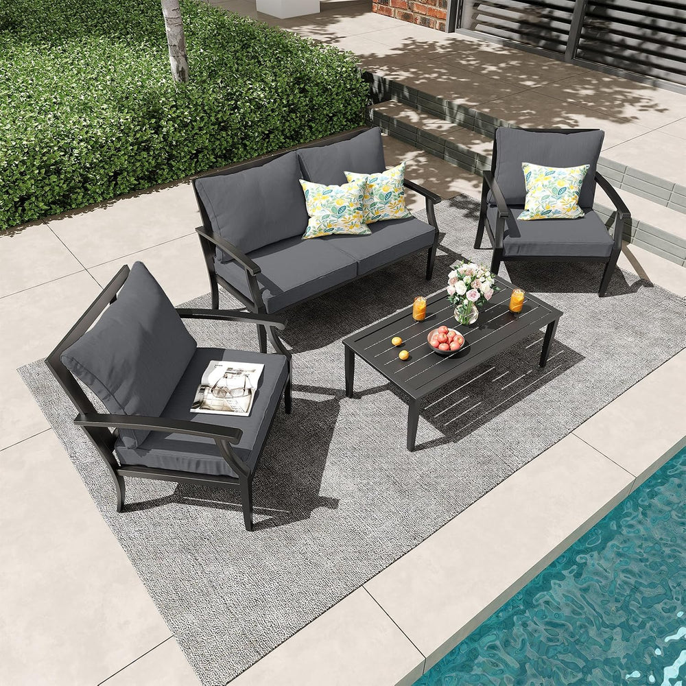 4-Piece Patio Conversation Set,Oversized Outdoor Metal Furniture Set with Tab...