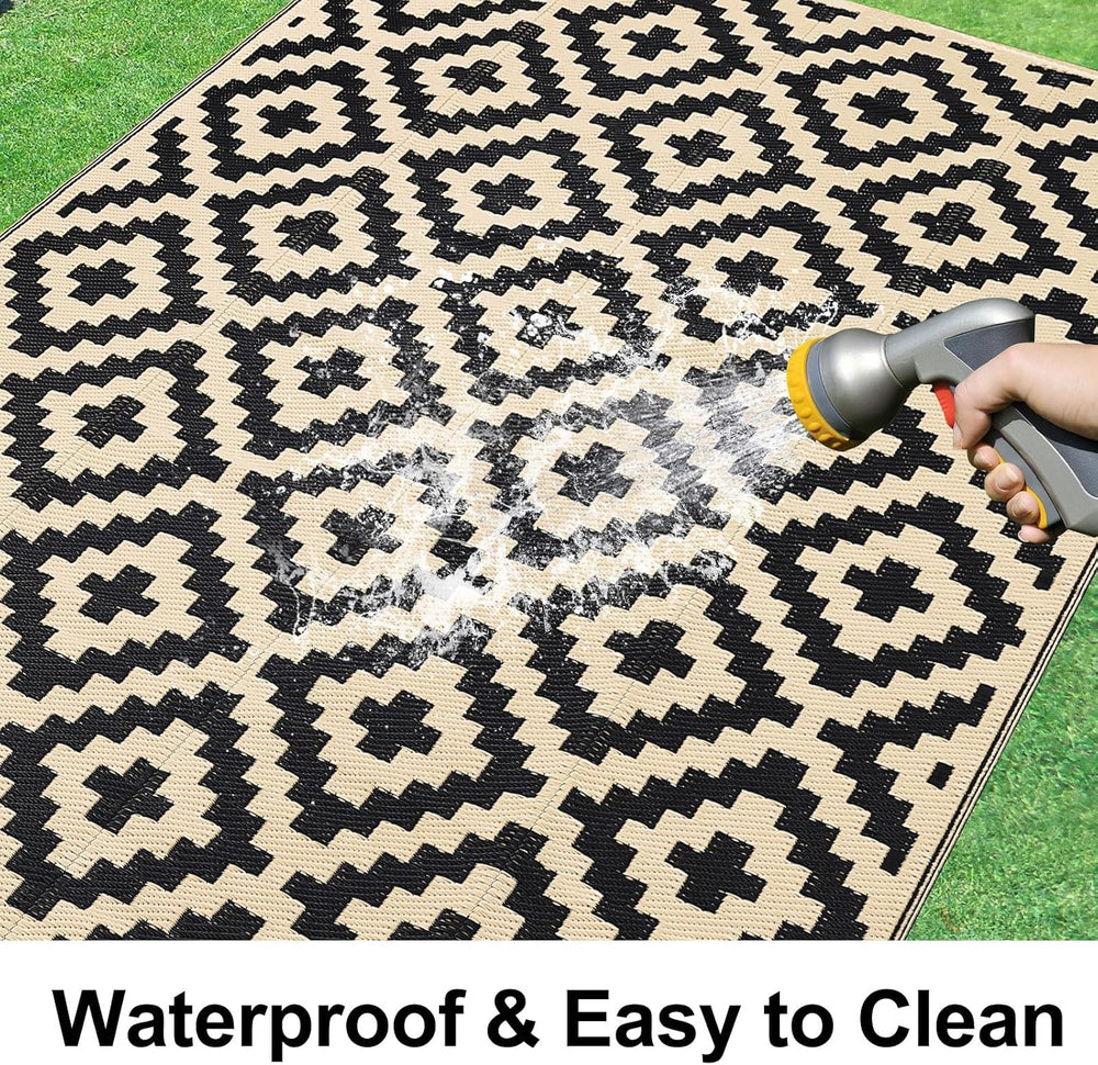 Smiry Outdoor Rug 9x12 ft Waterproof Reversible Boho Mat, Black & Beige