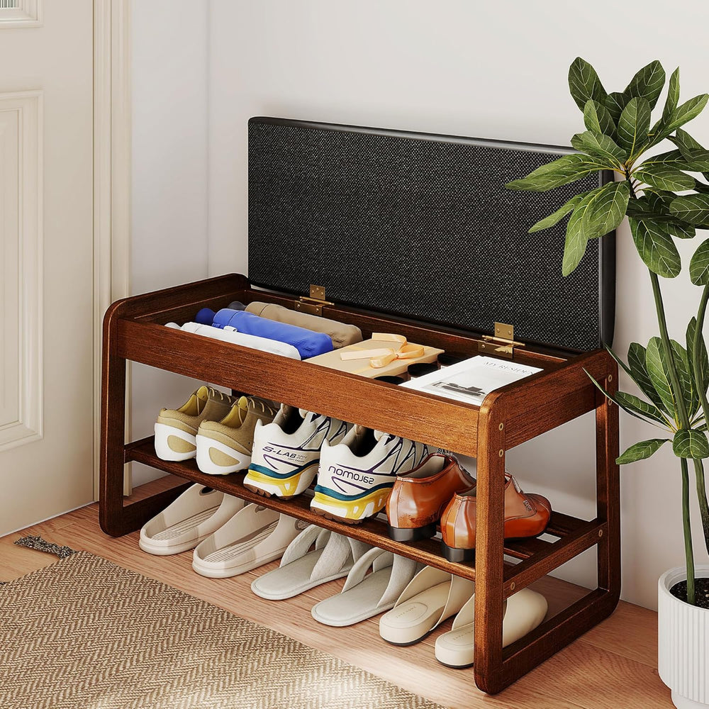Shoe Rack Bench with Flip-Top Storage, Solid Rubberwood 2-Tier Shoe Organizer...