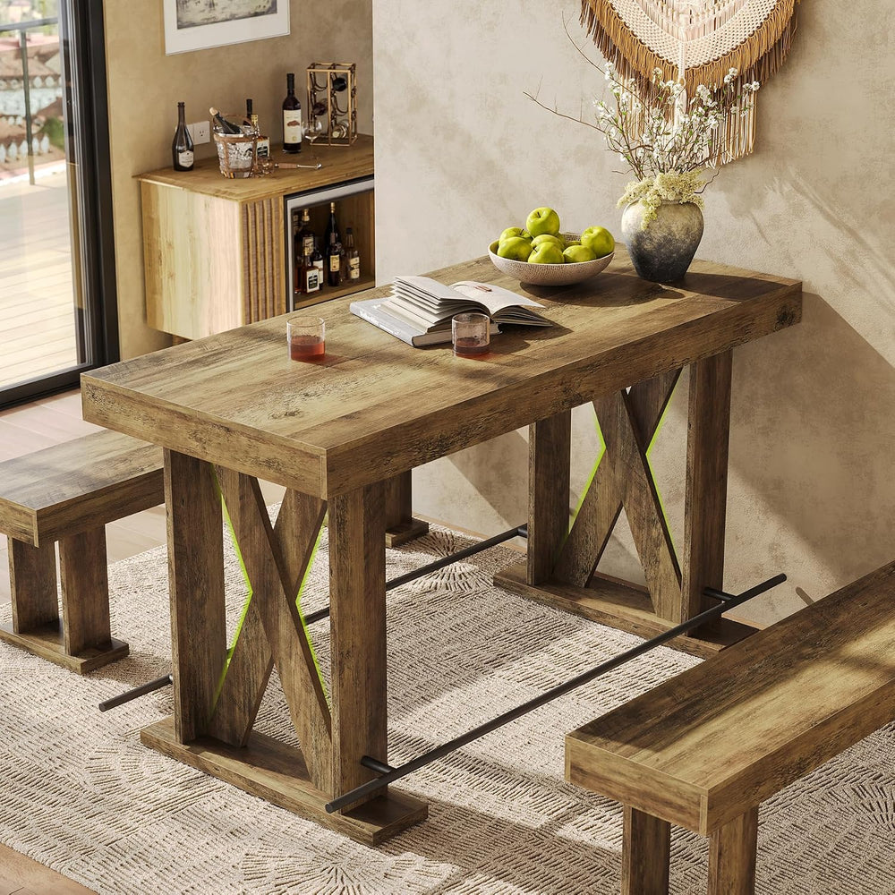 LITTLE TREE 63" Bar Table, Pub Table with Metal Footrest (Rustic Brown,2)