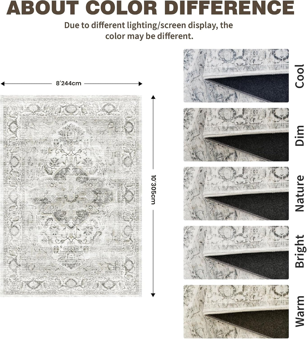 Washable 8x10 Area Rugs, Non Slip Living Room Rug Ivory/Gray