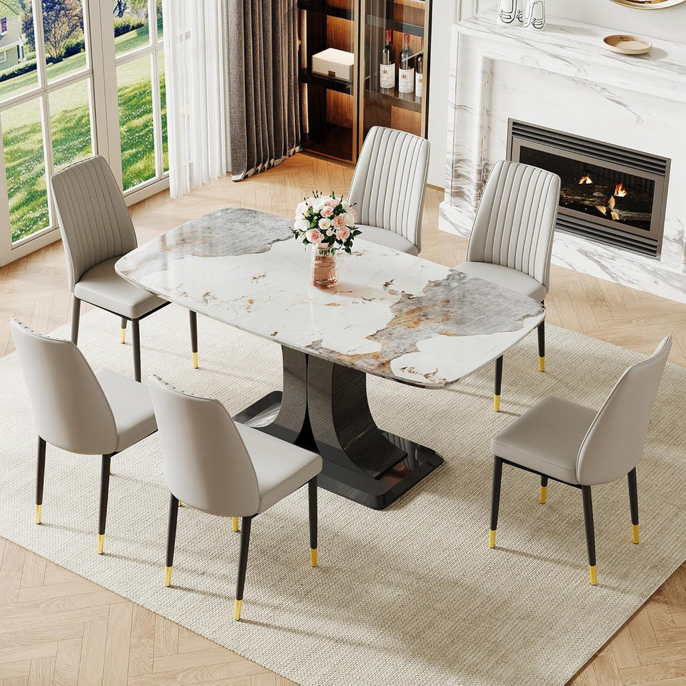 Modern Dining Table Set for 6, Marble Kitchen Table Chair Set for 6, Rectangu...