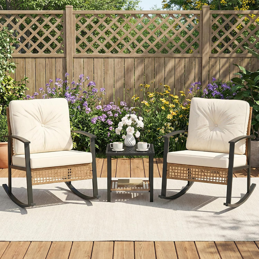 COSIEST 3-Piece Outdoor Rocking Chairs Bistro Set, Rattan Patio Furniture wit...
