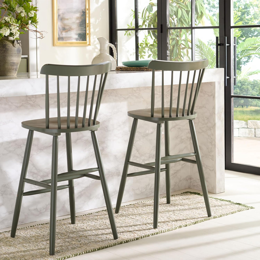 SAFAVIEH Furniture - Galena Bar Stool Set of 2 - Dusty Green - Solid Wood - M...