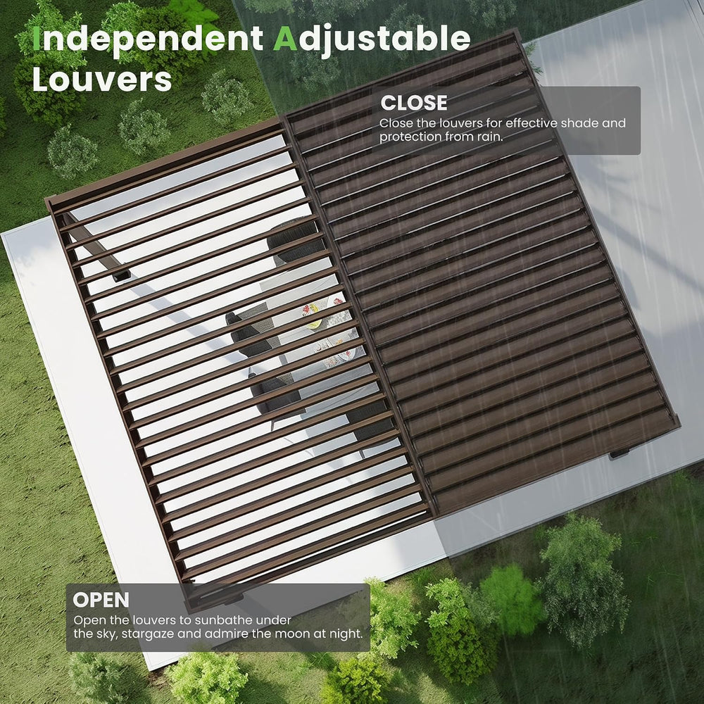 Domi Louvered Pergola 10x12, Outdoor Metal Pergola, Espresso Brown