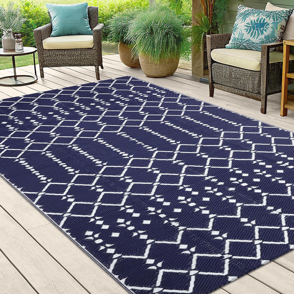 Smiry Outdoor Rug 5x8 ft Waterproof Reversible Boho Mat, Navy