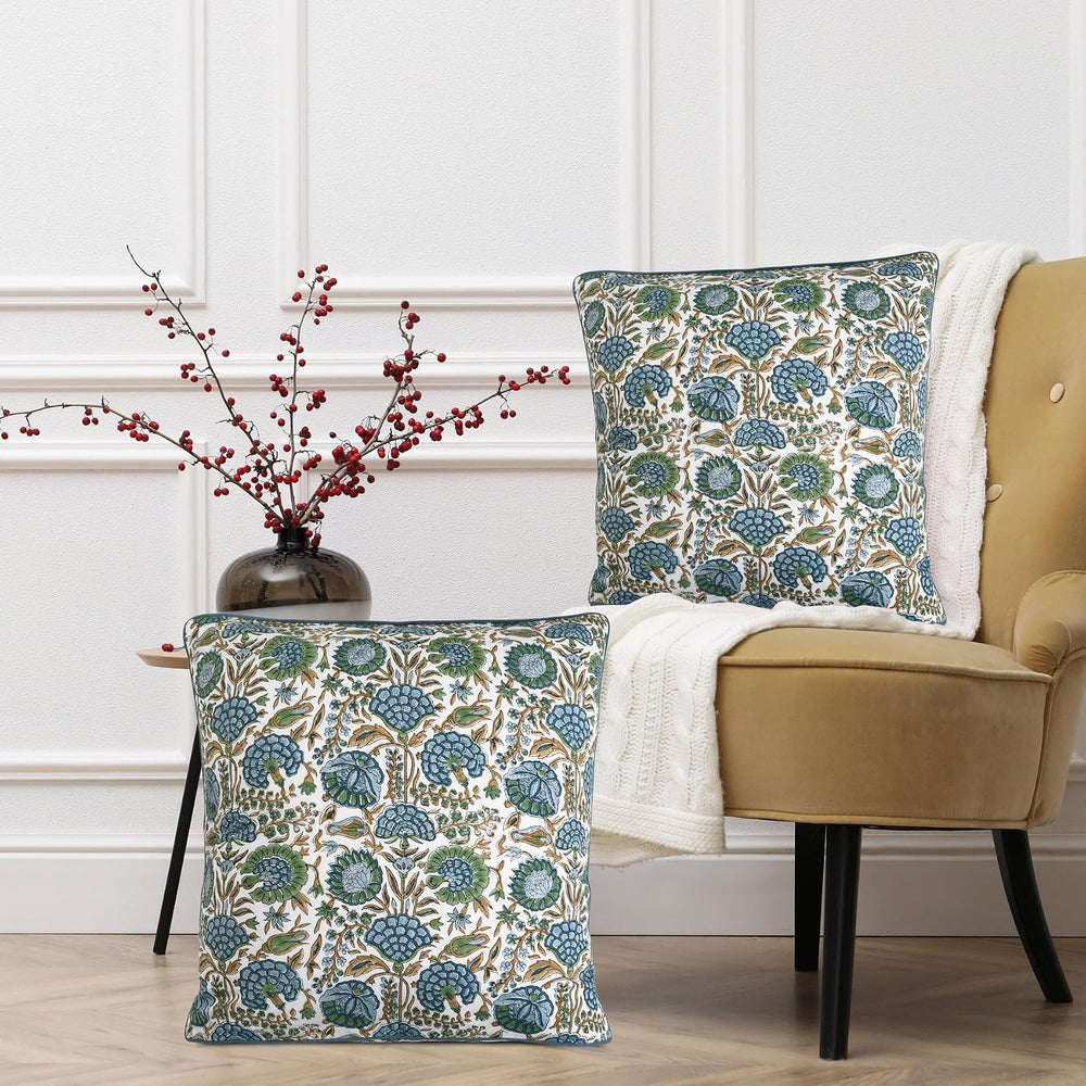 Ridhi Block Print Asparagus Green Pillow Cover 18" x 18" (Pack of 2...