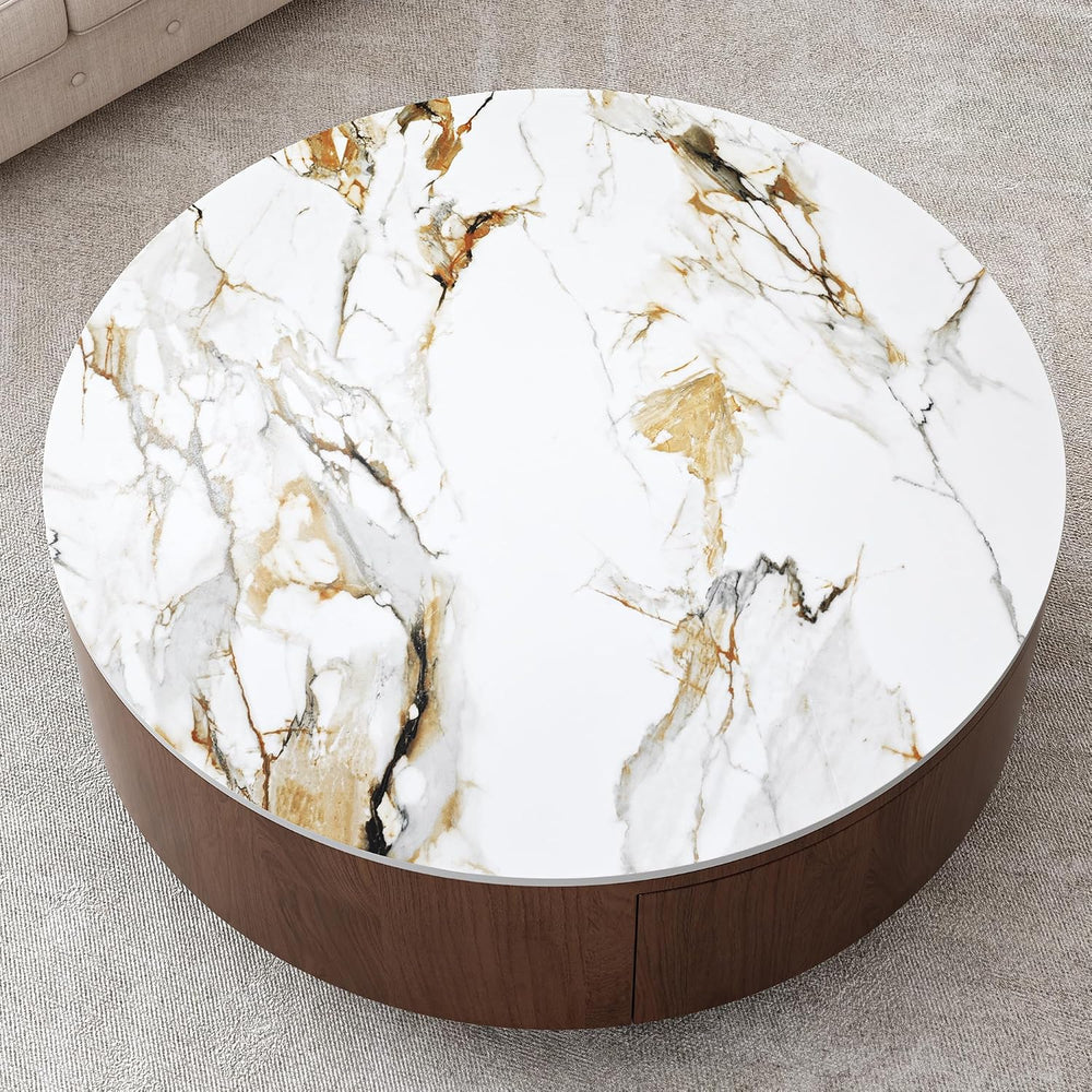 35” Round Coffee Table with Hidden Storage Drawers, Mid Century Modern Center...