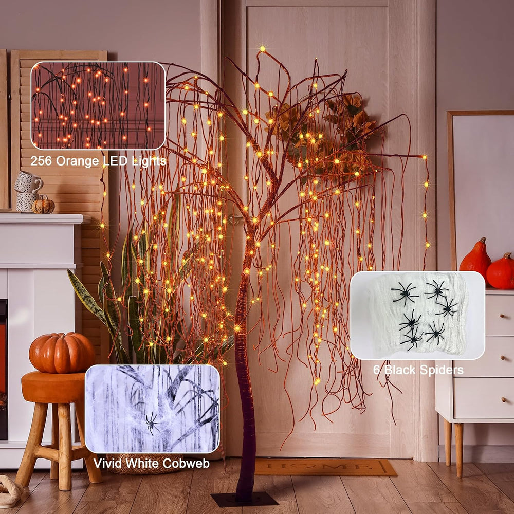 7 FT Halloween Lighted Willow Tree 256 LED Orange Lights Artificial Weeping W...