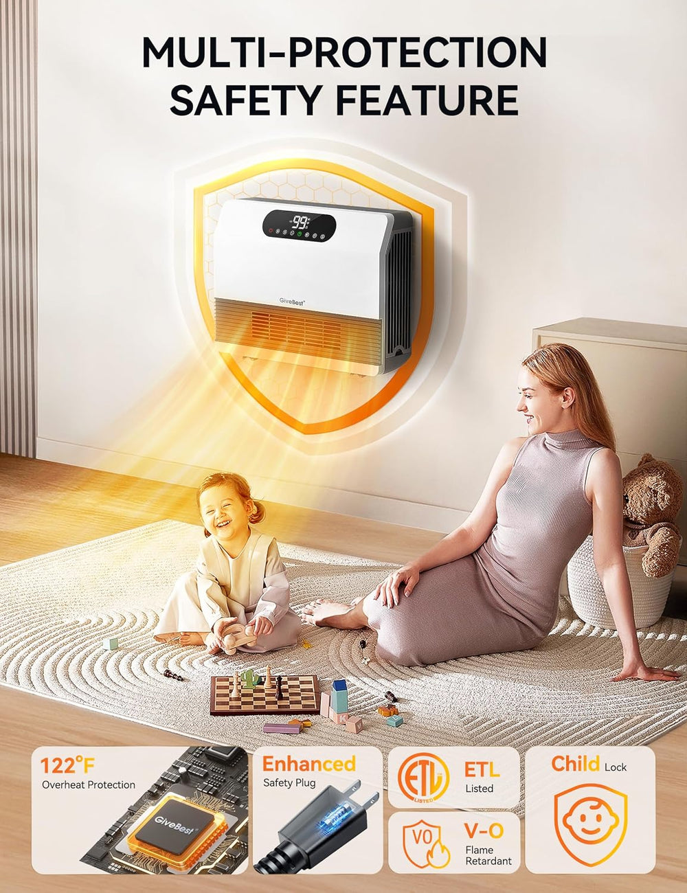 GiveBest Electric Wall Mounted Heater, 1500W Space Heaters for Indoor Use