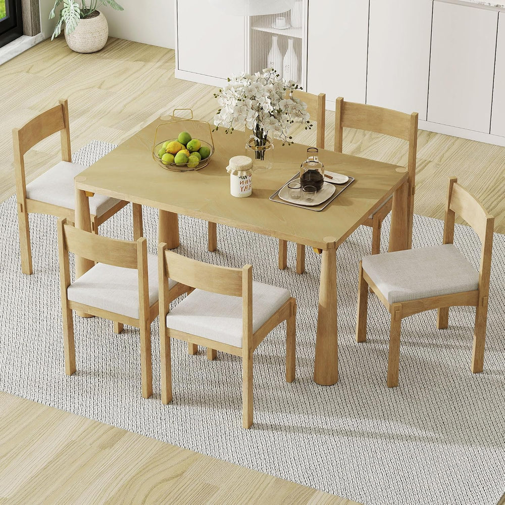 7-Piece Retro Wood Dining Table Set for 6, Kitchen Table Set with Upholstered...