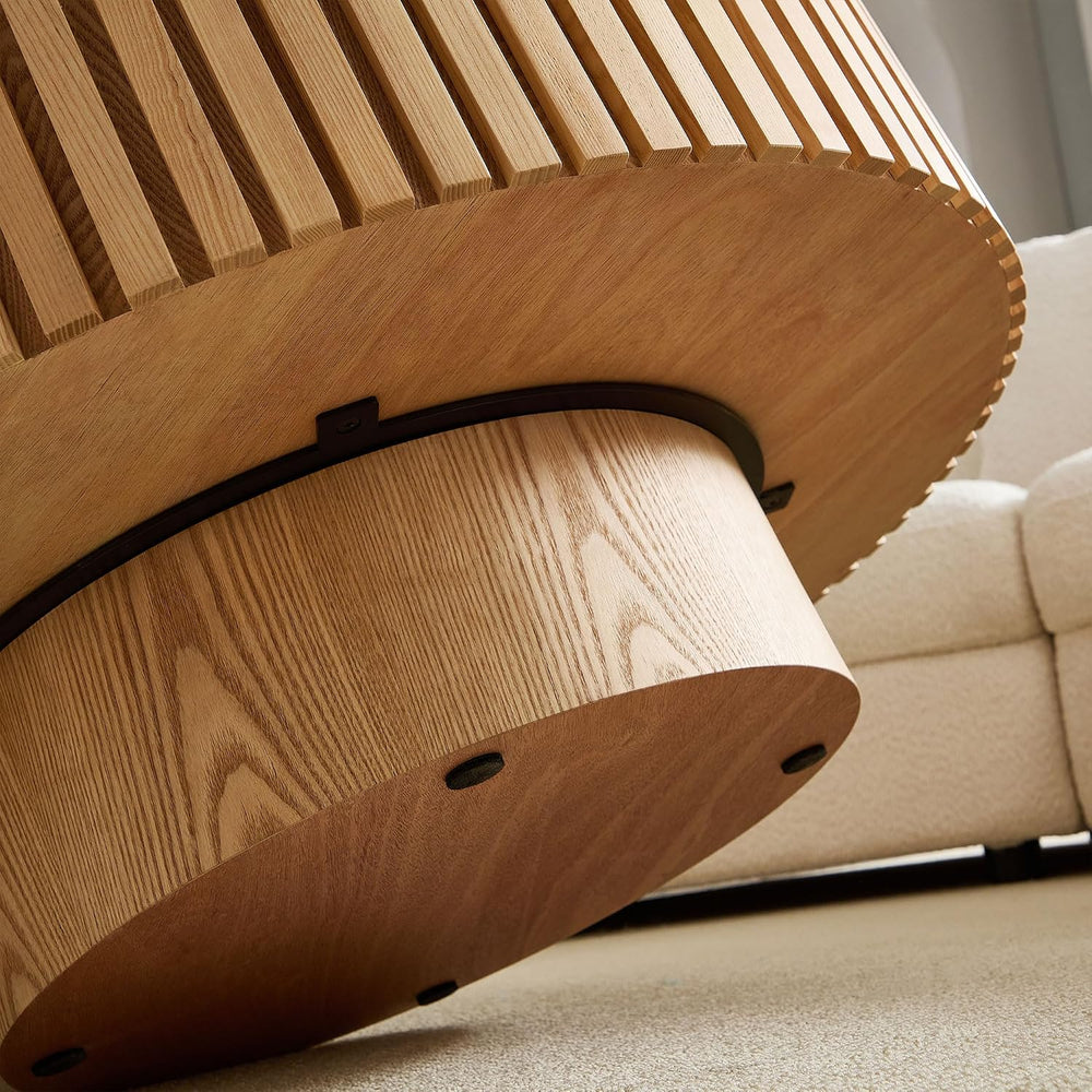 35.43" Oak Round Wood Coffee Tables with Faux Marble White Sintered Ston...