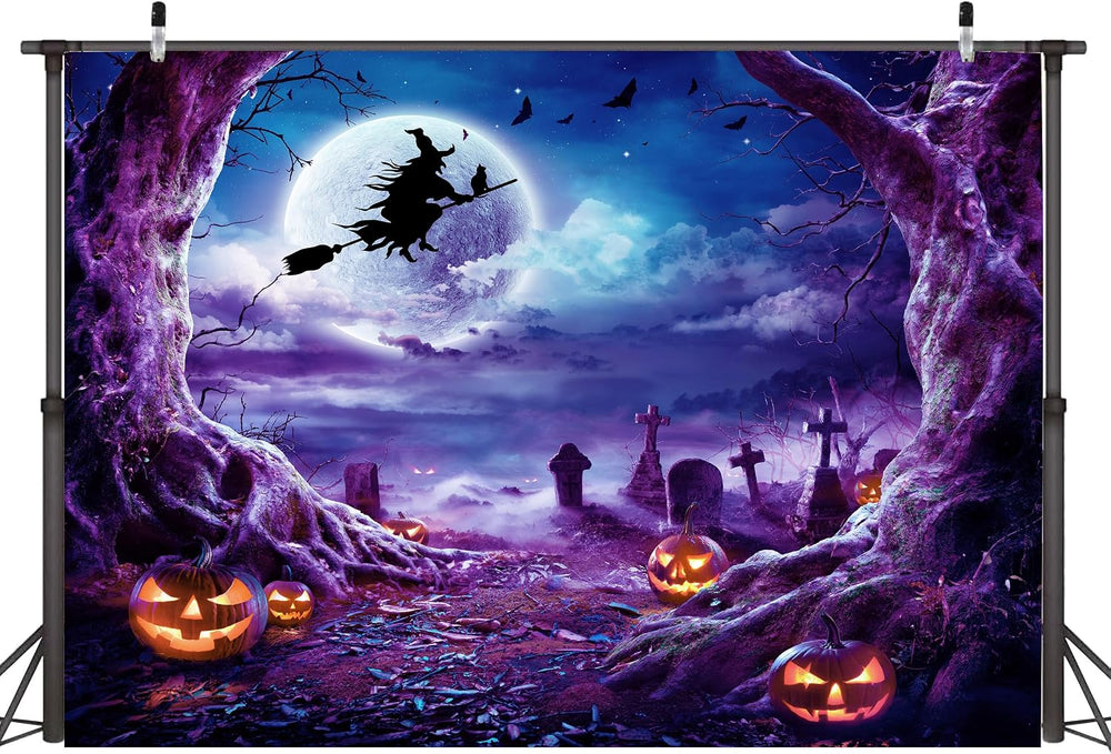 Purple Halloween Cemetery Backdrop 10x8 FT Scary Full Moon Night Backdrops