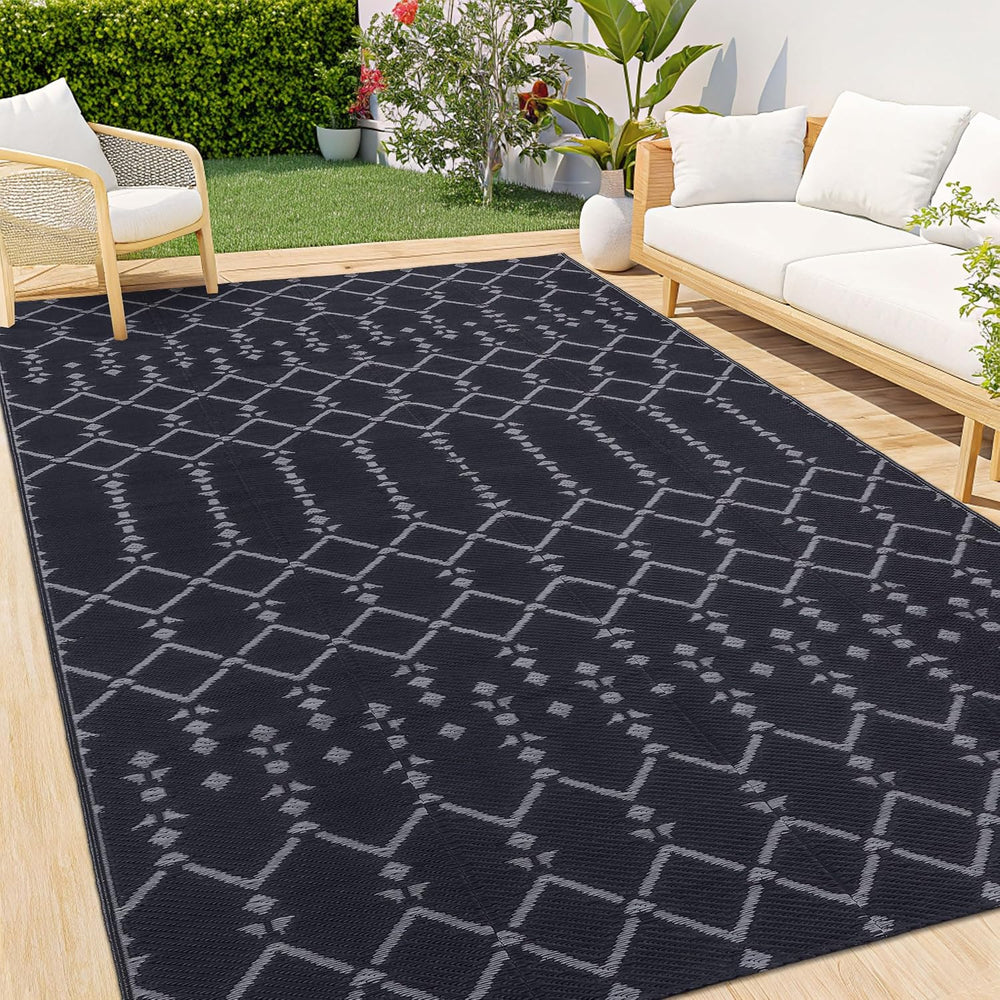 Smiry Outdoor Rug 8x10 ft Waterproof Reversible Boho Mat, Dark Grey