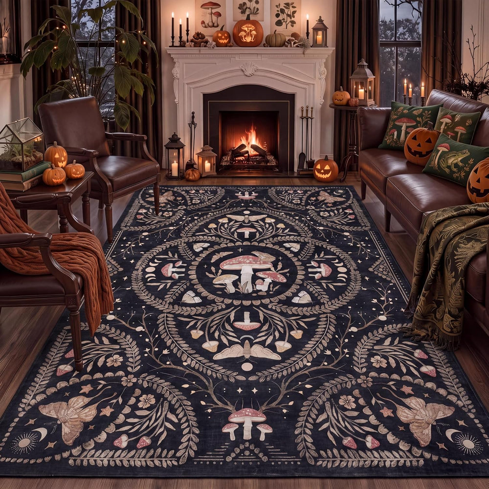 Garvee Mushroom 5x7 Area Rugs for Living Room, Washable Black Gothic Rug