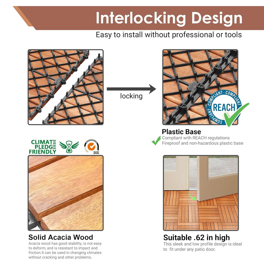 PrimeZone 27 PCS Solid Acacia Wood Interlocking Patio Deck Tiles Outdoor