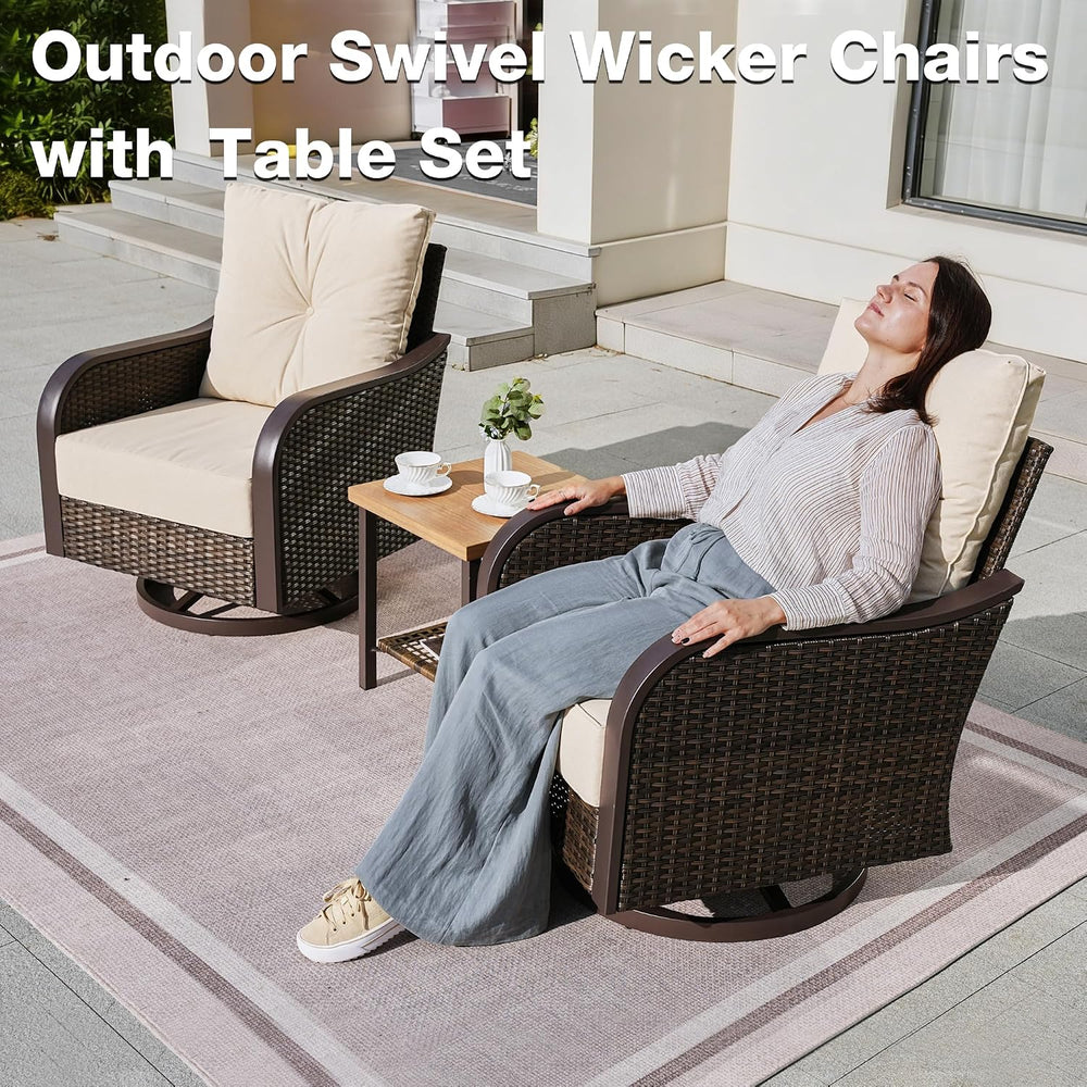Wicker Swivel Rocking Chairs Set with 6 Inch Cushions, Beige