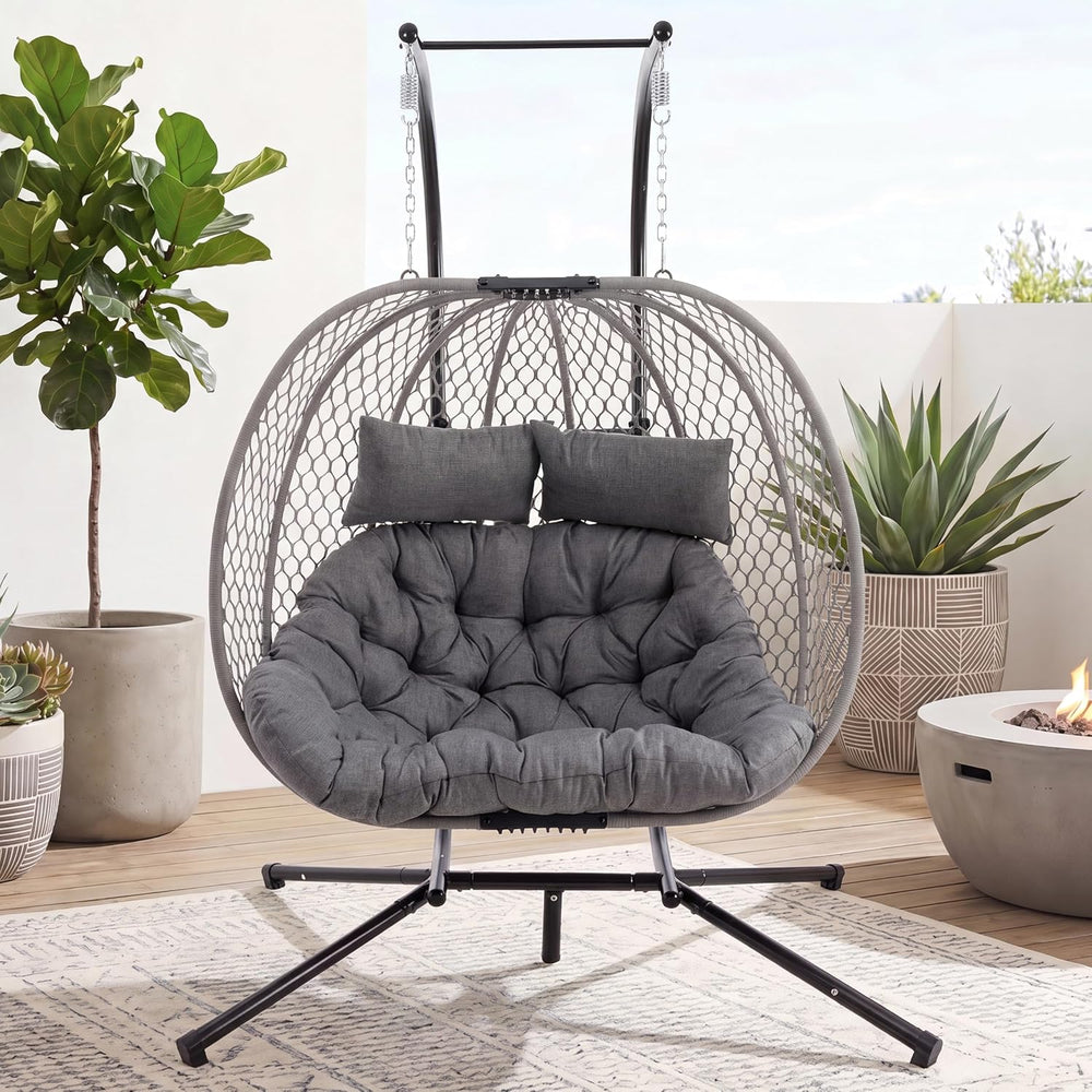 Double Egg Chair with Stand for 2 Persons, Oversized Patio Hanging Basket Cha...