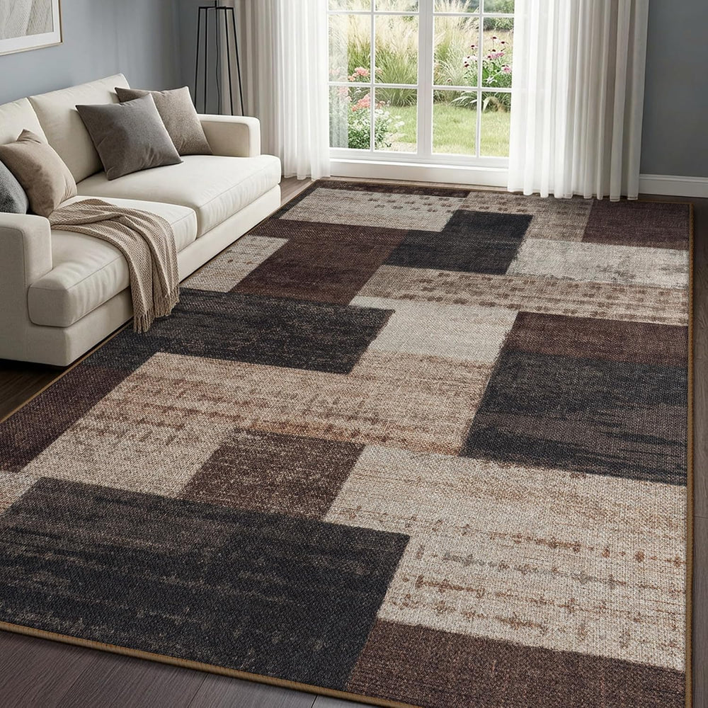 Modern Outdoor Patio Rug, Geometric Patchwork Rug for Living Room, Brown